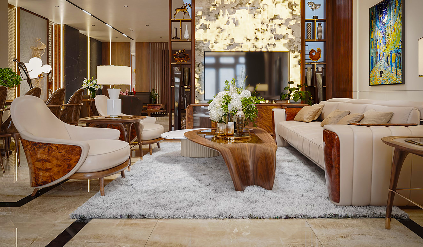 BỘ ĐÔI SOFA DA THẬT &amp; BÀN TRÀ GỖ ÓC CHÓ GD1050 – BẢN GIAO HƯỞNG CỦA QUYỀN LỰC VÀ NGHỆ THUẬT